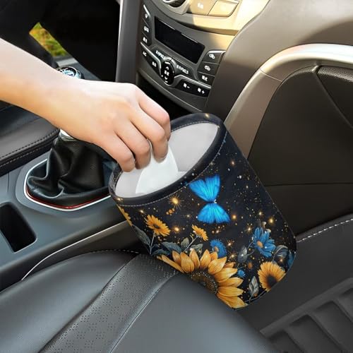 Image of Pensura Blue Butterfly Sunflower Small Car Trash Can Waterproof Trash Bin for Car Quality Hanging Cup Holder Organizer with Strap Auto Accessories for Car, Home, Outdoor