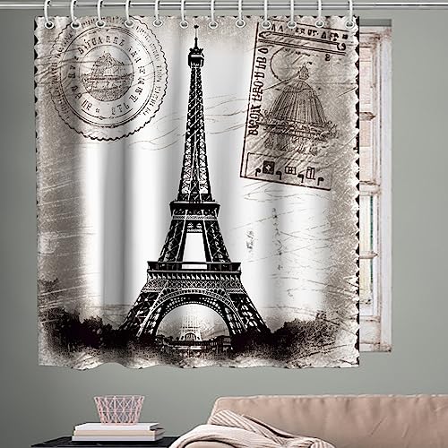 Romantic French Paris Eiffel Tower City Of Love Retro Theme Fabric Black And White Shower Curtain Sets Kids Bathroom Home Decoration Decor With Hooks Waterproof Washable 72 X 72 Inches #TOP2