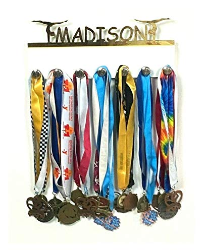 Custom Personalized Name Medal Holder, Gymnastics Gymnasts Display Awards Hanger Rack with Hooks for 60+ Medals, Ribbons, Sports 16'' Wide, One Of A Kind Made To Order With Your Name On It