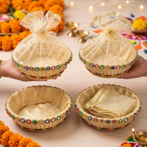 Image of Habba Net Frill Gift Basket with Mirror Work & Gold Ribbon, 9 Inch Decorative Hamper Basket for Gifts, Sweets & Dry Fruits, Wedding, Baby Shower, Griha Pravesh & Festive Return Gift Box, Pack of 10