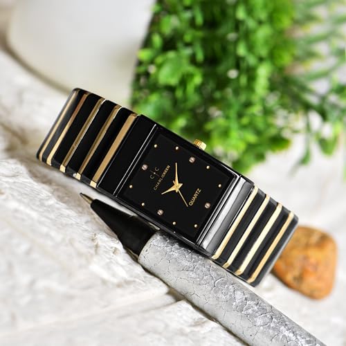 Image of CHARLIEKEEN Rectangular Wristwatch, Black Dial with Rose Gold Roman Numerals, Silicone Strap, Elegant Style