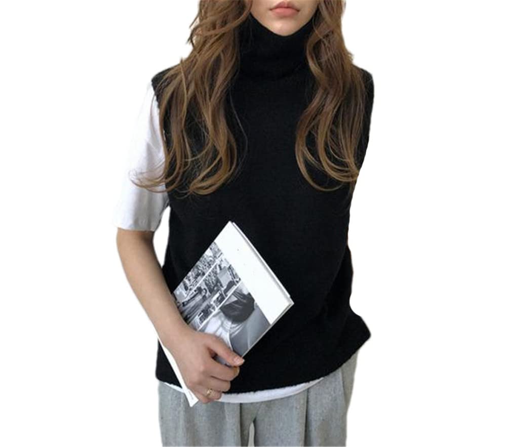 Womens Cashmere Knitted Sleeveless Turtleneck Pullover Sweater Solid Color Sweater Vest Black-M