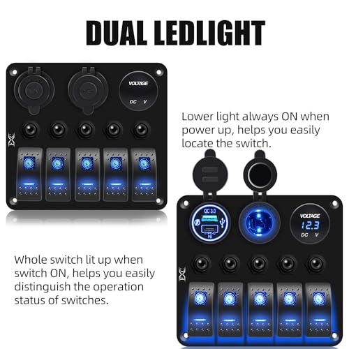 FXC Waterproof Marine Boat Blue Rocker Switch Panel 5 Gang with QC3.0 USB & Type-C Slot Socket + Cigarette Lighter +LED Voltmeter with Overload Protection Circuit Breaker for Car Rv Vehicles Truck by FXC - Image 3