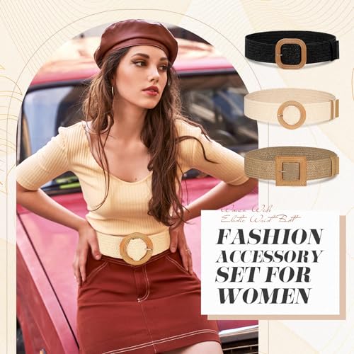 Image of Syhood 3 Pieces Straw Woven Elastic Waist Belt for Women Bohemian Dress Braided Belt