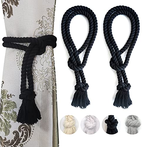 Yteseery 2 Pack Curtain tiebacks Rope, Outdoor Curtain Tiebacks, Natural Cotton Curtain Ties, Village Rural Rustic Farmhouse Curtain Holdbacks Curtain tie Backs Holders for Heavy Duty Drapes, Black
