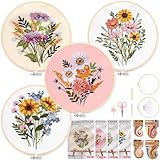 Homwiz 4 Sticken Set Erwachsene, Stickset für Anfänger Blumenmuster Pflanzen Embroidery Kit mit 2 Bambus Stickrahmen Farbfäden Anleitung, Stickerei Set für DIY Kunst Handwerk (Blütenpracht)