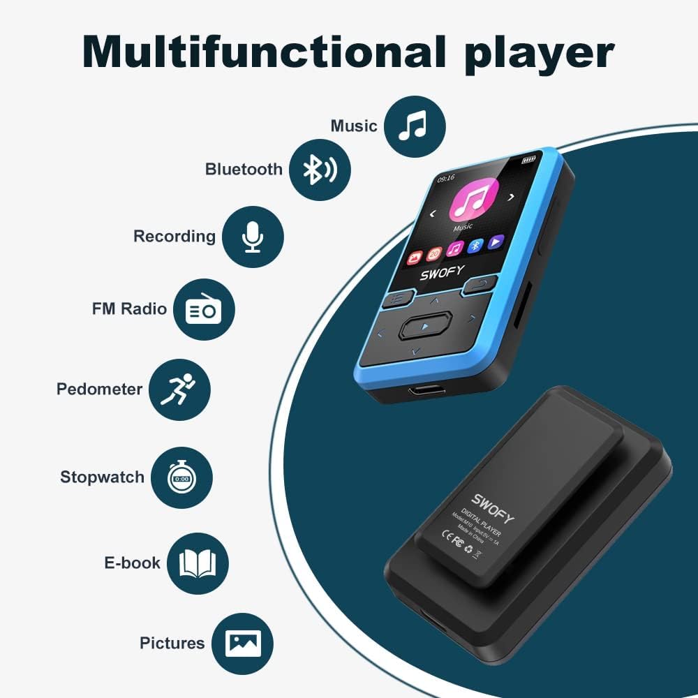 SWOFY Lettore MP3 Bluetooth 5.0 con clip sportiva, mini lettore musicale portatile da 32 GB, con cuffie, radio FM, contapassi, registrazione vocale, supporta scheda SD fino a 128 GB (blu)