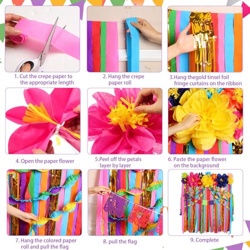 Image of TaoBary 28 Pcs Mexican Party Decorations Set Mexican Paper Flowers Fiesta Ruffled Streamer Backdrop Papel Picado Banner Mexico Party Decorations for Cinco De Mayo Decor(Multicolored,Fresh)