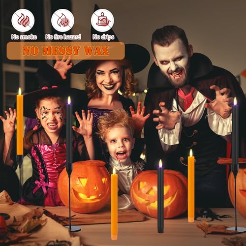 Image of Orange & Black Flameless Taper Candles with Remote, Halloween LED Candles | Battery Operated Candle with 3D Wick, 9.6 inch Real Wax Fake Candlesticks, Warm Candle Light for Home, Table, Party, 6 Pack