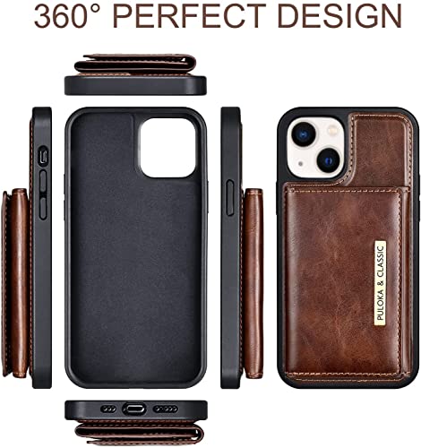 Image of PULOKA Wallet Back Case - Compatible with iPhone 13 - Vegan Leather Phone Cover - Detachable Card Holder Case with Kickstand - Shockproof, Anti Scratch & Raised Edges for Protection - Brown