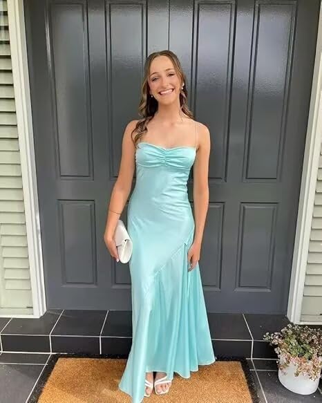 Prom Dresses for Women Satin Spaghetti Straps Long Mermaid Pleated Formal Bridesmaid Dresses for Wedding