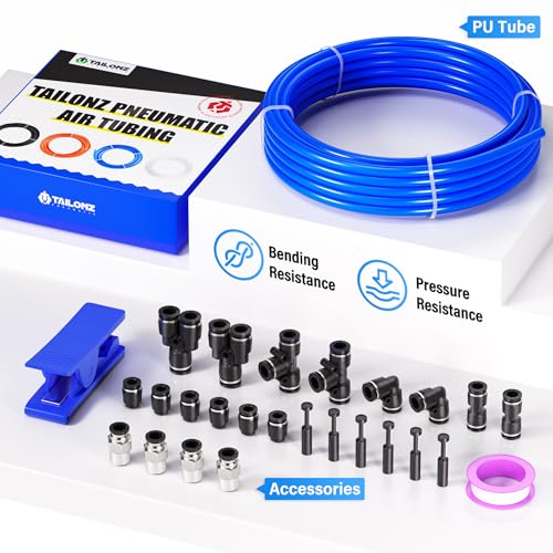 Image of TAILONZ PNEUMATIC Blue 1 /4 Inch OD 16 Meter 50ft PU Polyurethane Air Tubing Kit Pipe Hose Air Line Tubing Air Hose Fittings Push to Connect Fittings(27PCS)