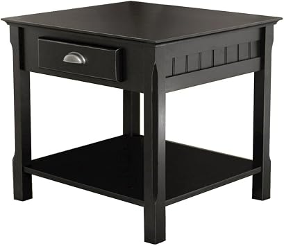 Furnifact Black End Table, Side Table with Drawer and Open Storage Shelf, Square Living Room Furniture, Solid Wood Accents