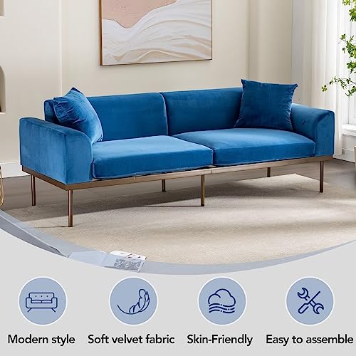 Modern Velvet Sofa With Metal Legs, 2 Seater Couch For Small Space, 2 Throw Pillows, Sofa For Bedroon, Living Room, Apartment,Blue #TOP3