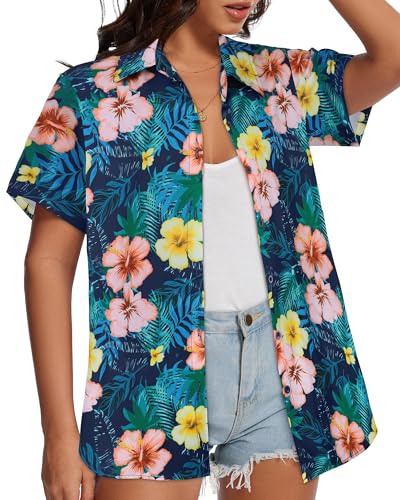 Image of Women Hawaiian Shirt Button Down Summer Tops Beach Short Sleeve Blouse