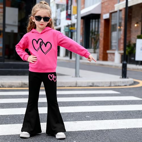 Image of 6-13 Years Girls Clothing Heart Print Hoodie Top + Heart Print Flare Leg Pants 2PC Clothing Set