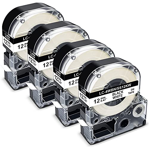 Pristar Compatible Label Tape Replacement for Epson LC-4WBN LK-4WBN SS12KW 12mm 1/2 Inch Refill Label Tape Cartridges for Epson LabelWorks LW300 LW400 LW600P LW700 Label Maker, Black on White, 4 Pack