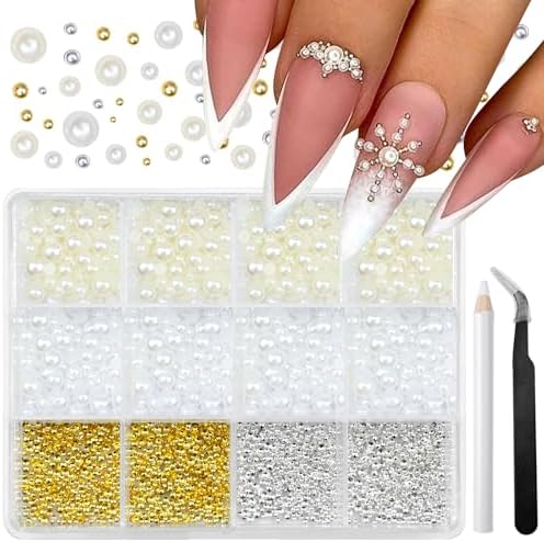 Amazon.com: Dornail 1 Box/12 Grids Nail Art White Pearls for Nails Half