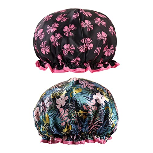 2Pcs Shower Cap, Bath Cap, 2-Pack Shower Caps For Women, Oversized Waterproof Double Layers Bathing Shower Hat Hair Protection Reusable, For All Hair Lengths With Peva Lining & Stretch Hem Hair Hat #TOP7