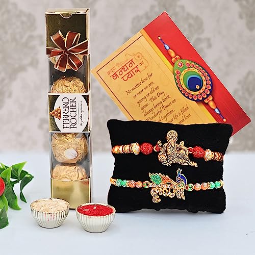 CraftVatika Rakhi with Chocolate Ferrero Rakhi Hamper - Set of 2 Two Rakhis Gift Hamper for Brother Boy Kids with Chocolate Combo, Krishna Ganesha Rakhi Pack
