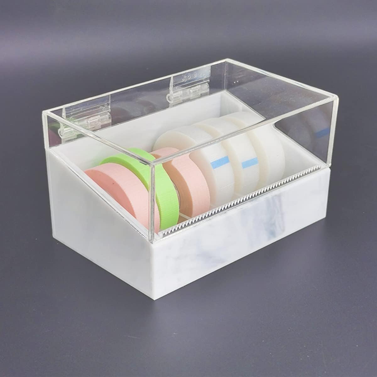 Dust-Proof False Eyelash Tape Cutter and Dispenser - Acrylic Multi-Grid Tapes Storage Box - Holds Up to 6 Rolls (White)