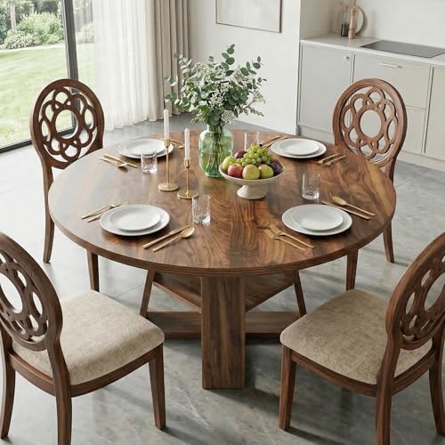 OOFAYJIA Extendable Round Dining Table, 43.3-Inch Farmhouse Wooden Dining Table with Cross Base and Removable Table Plate, Space Saving for Dining Room, Kitchen, Living Room, Walnut (Style 2)