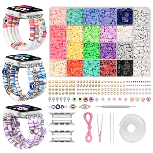 Laband DIY Beaded Bracelet Compatible with Apple Watch 38mm 40mm 41mm for Women Girls, Clay Beads with Charms Kit?DIY Stretch Watch Strap Replacement for iWatch Series 9/8/7/SE/6/5/4/3/2/1
