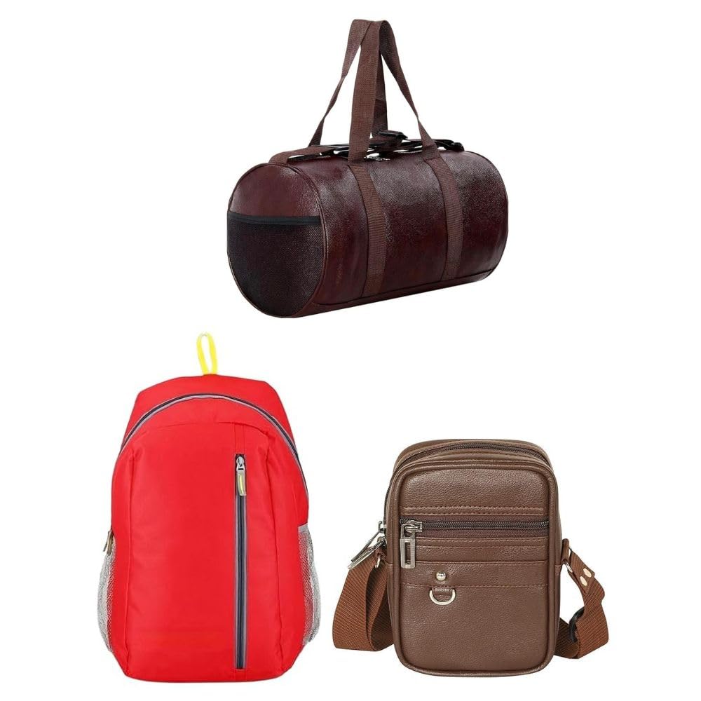3 PCS Combo Bag Set for Men & Women – Black Gym Duffel Bag, Brown Leatherette Crossbody Sling Bag & Red Backpack | Waterproof Lightweight Travel Gym College Office Multi-Compartment Bags-image-29