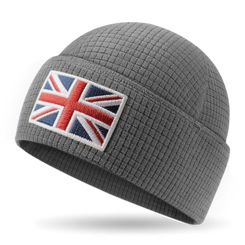 Outdoor Shaping Leather UK Flag Patch, Grid Fleece Cuffed Beanie Waffle Knit, Tactical Army Military Skull Cap Warm, Unisex Hat One Size, Outdoor Hiking Travel Daily Wear Grey