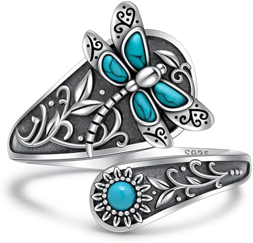 Spoon Dragonfly Ring Turquoise Rings for Women Sterling Silver Turquoise Jewelry Dragonfly Gifts Open Adjustable Vintage Boho Sunflower Thumb Oxidized