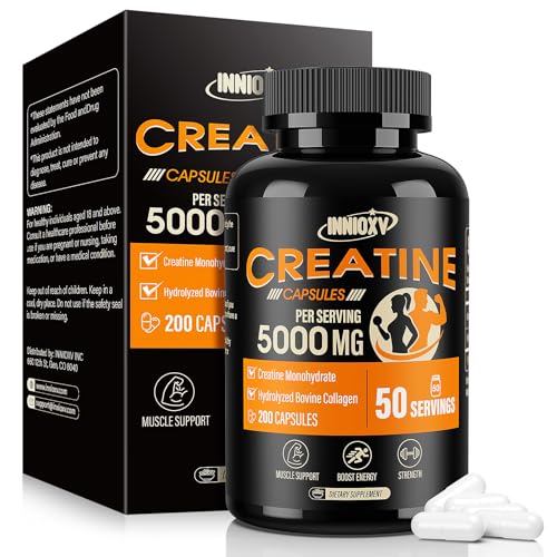 INNIOXV Creatine Monohydrate, 5000mg Per Serving Creatine Capsules (50 Servings), with Hydrolyzed Bovine Collagen, for Muscle Support, Strength, Energy Recovery, Gluten Free for Women and Men