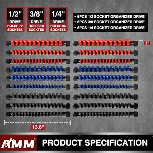 Image of AMM 18-Piece Socket Organizer, 1 /2 inch, 3 /8 inch and 1 /4 inch Drive ABS Tools-Socket Holder,Heavy Duty Socket Racks, Premium Quality Socket Clip Rail Holder,The best tool trays in the garage