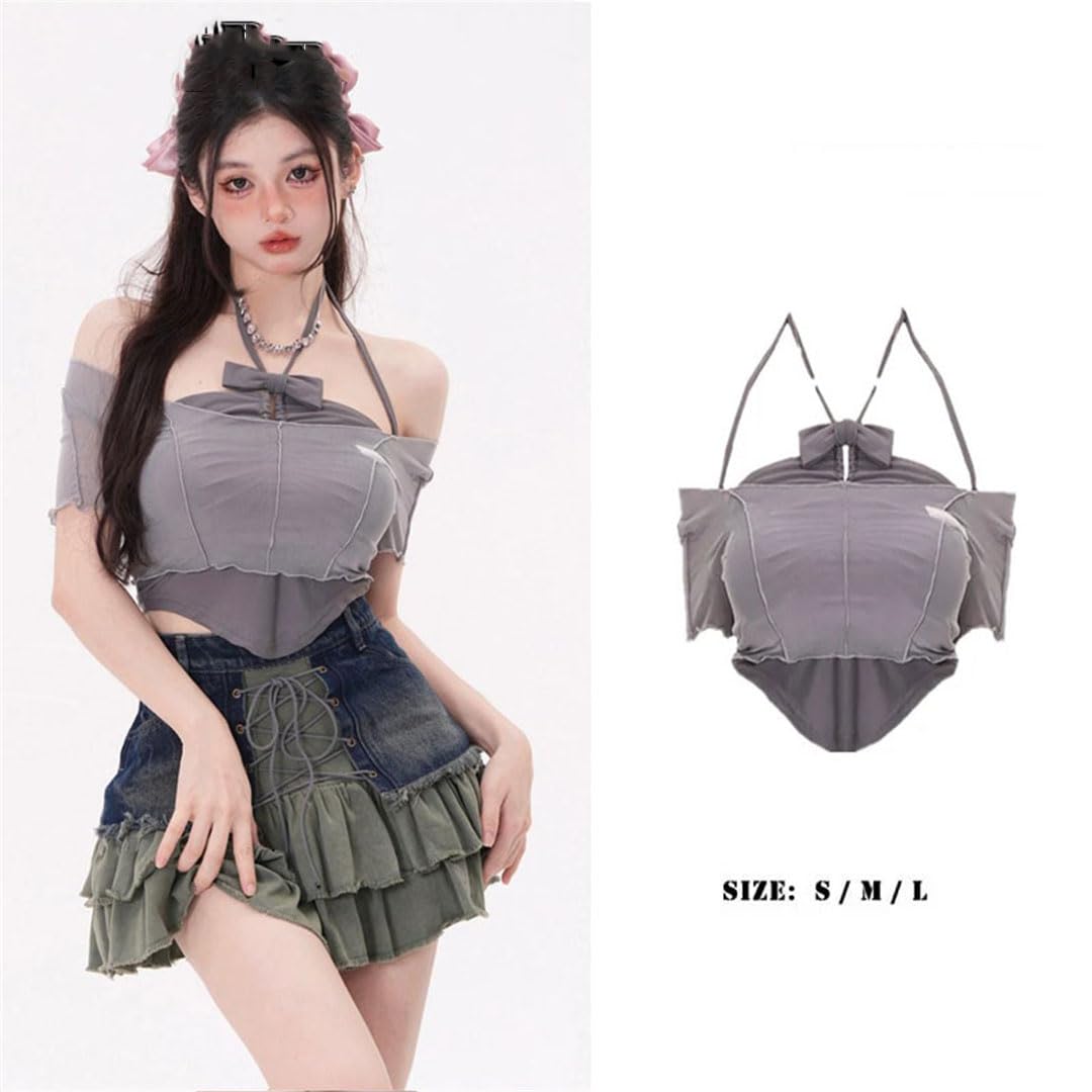 Halter Camis gasa fuera del hombro lazo nudo mujeres top corto