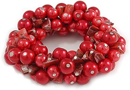 Avalaya Solid Chunky Red Glass Bead, Sea Shell Nuggets Flex Bracelet - 18cm L - Image 4