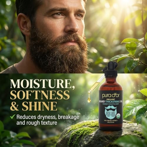 PURA D'OR ORGANIC Beard Thickening Oil, Rosemary Eucalyptus Scent, 4oz | Fuller-Looking Facial Hair, USDA Certified, Helps Stengthen, Argan, Castor, Moisturizes Dry Skin, Adds Shine, Non-Greasy, Men - image 5