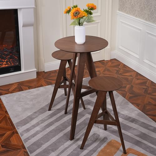 Image of CONSDAN Wood Bar Stools Set of 2, High Round Pub Chairs with Solid Wood Walnut Seat, Tall Bar Height Bistro Stools, Sturdy and Comfortable for Kitchen, Dining Room, or Home Bar, Modern Design