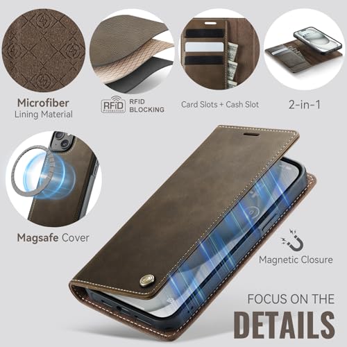 Image of Wallet Case for iPhone 13 Compatible with Magsafe, 2-in-1 PU Leather Flip RFID Blocking Card Holder Stand Shockproof Magnetic Detachable Cover for iPhone 13 Case 6.1 inch, Brown