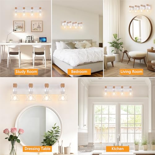 Image of FadimiKoo 4-Light Farmhouse Vanity Lights for Bathroom, White Wood Bathroom Light Fixtures Over Mirror, Rustic Vanity Lights with Metal Shade, Bathroom Lighting for Living Room, Bedroom, Hallway