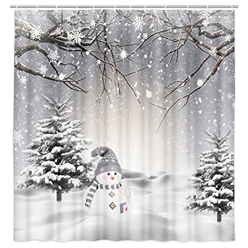 Jawo Winter Christmas Shower Curtain, Cute Snowman Snowflake Scene Shower Curtains For Bathroom, Pine Tree Covered Snow Fabric Bath Curtains Set With Hooks, 69X70 Inches #TOP1