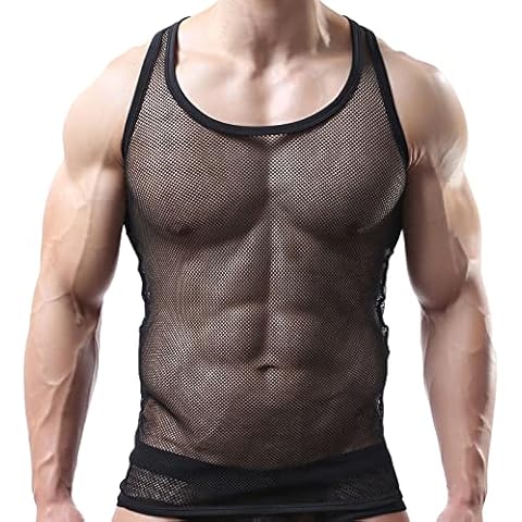 Sexy Men's Underwear Sleeveless Vest Tank Top Mesh Fishnet Undershirt Sleepwear A-Black Cover