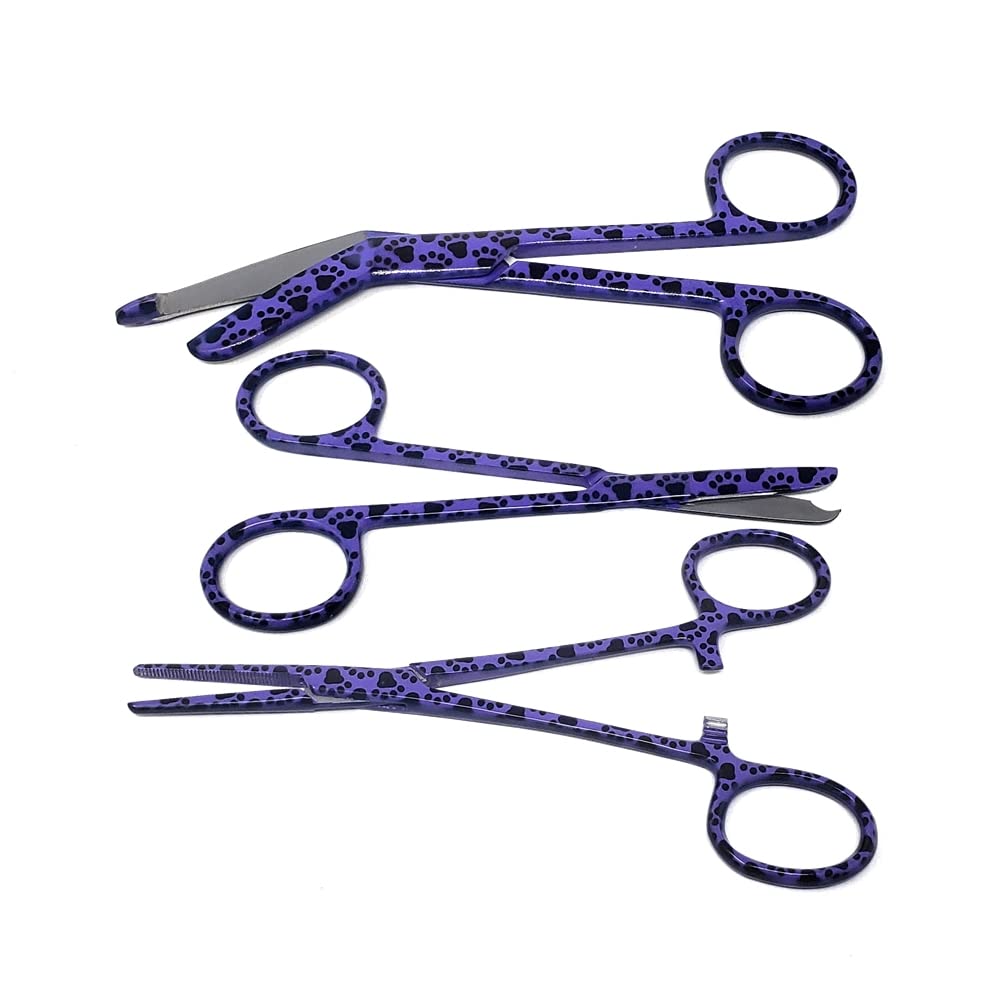 Hemostat and Scissors with Multicolor Patterns - Set of 3 - Suture Removal Scissors, Hemostatic Forceps, Colorful Paws Print (Purple Paws)