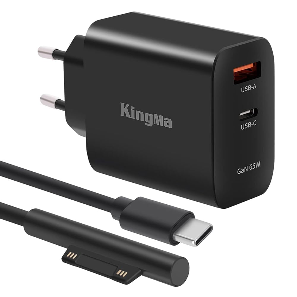 65W GaN szybka ładowarka do Microsoft Surface, ultrakompaktowa z dwoma portami (USB-C i USB-A), kompatybilna z Surface Pro 3–11/X, Book, Go, Surface Laptop Studio, w tym kabel 1,5 m