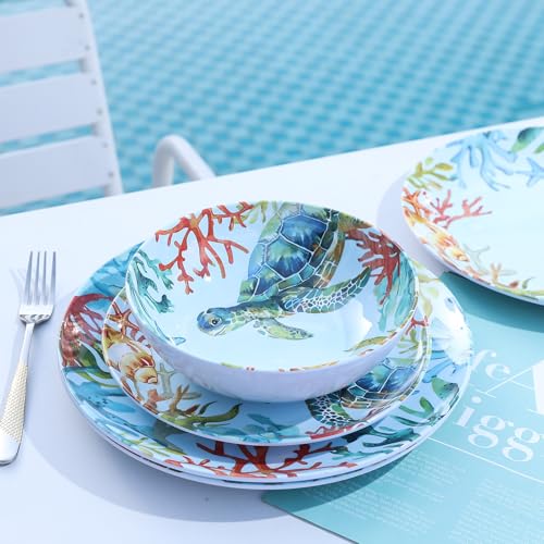 Image of 12-Piece Melamine Turtle Dinnerware Set, Ocean Plate and Bowl Sets