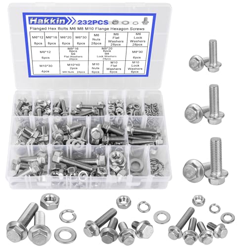 Hakkin 232Pcs Flange Hex Bolts and Nuts Kit M6 M8 M10 Metric Bolt Assortment, 304 Stainless Steel Metric Hex Bolt, M6-1.0 M8-1.25 M10-1.5 Flange Screw Set Nuts and Bolts Assortment Kit