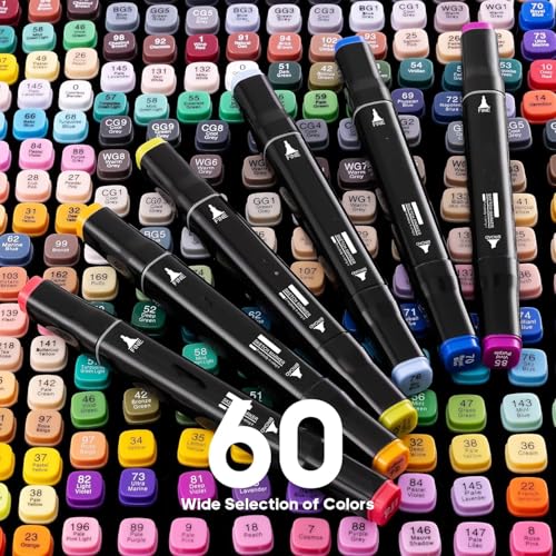 Image of 60 Colors Dual Tip Alcohol Markers Sketch Pens With Carrying Case For Painting Sketching Calligraphy Drawing, Chisel & Fine Tip Permanent Colouring Marker Pen For Kids Adult, Multicolor (60)