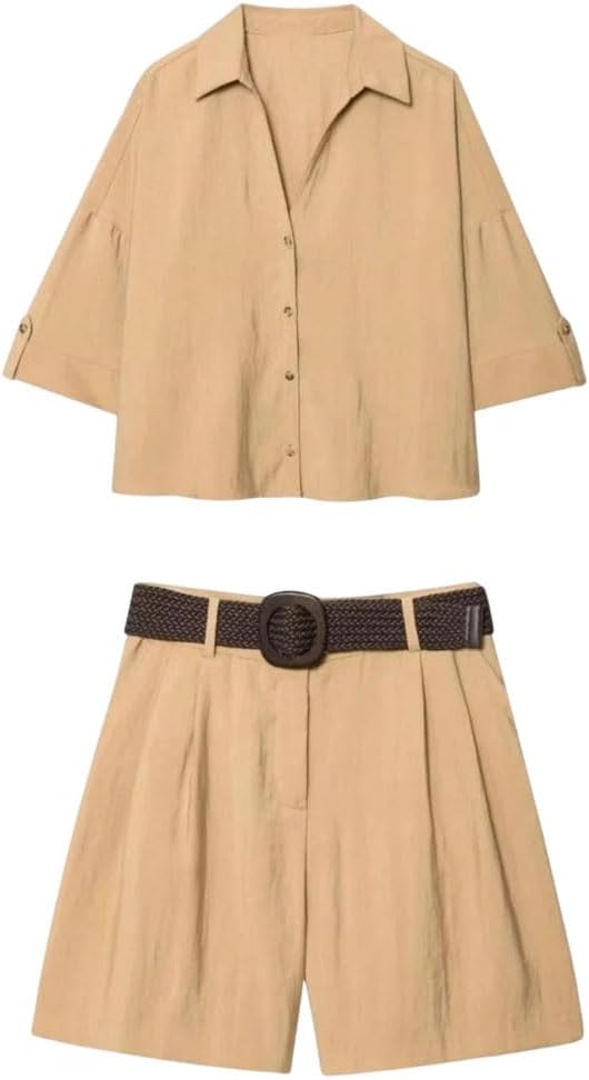 Women's Casual Shorts Set Women Loose Buttons Short Sleeve Shirt And Belt Shorts