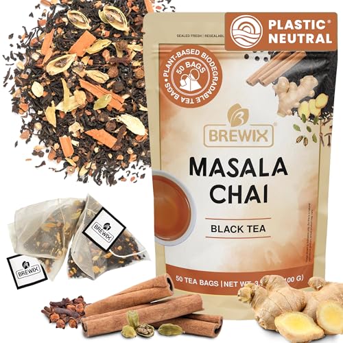 BREWIX, Masala Chai Tea Bags (50 Pyramid Tea Bags) Strong, Robust &amp; Spicy - Pure Ingredients | Black Tea, Cinnamon, Ginger, Black Pepper, Cardamom &amp; Cloves, Packed in Resealable Ziplock Pouch
