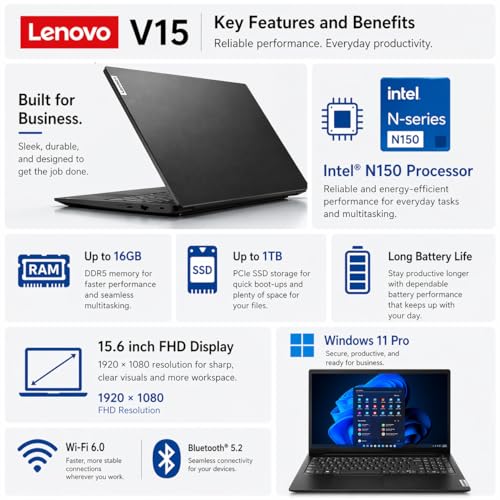 Image of Lenovo V15 Business Laptop, Next-Gen Intel Quad-Core Processor, 15.6 inch FHD 1080p Display, 16GB DDR5 RAM, 512GB SSD, Wi-Fi 6, RJ-45, Dolby Audio, Windows 11 Pro w /MS 365 for the Web, no Mouse