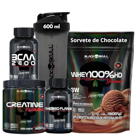 Kit Suplemento Whey Protein 100% HD REFIL Gourmet + Creatina Monohidratada Turbo 300g + Termogênico Thermo Flame + Bcaa 2400 + Coqueteleira Shaker (900g, Whey Sorvete de Chocolate)