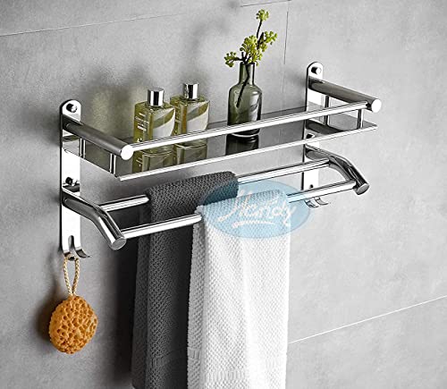 HANDY Stainless Steel Bathroom Accessories Luxurious 2 Layer Bathroom Shelf with Towel Rod and Hook Multipurpose Wall Mount Bathroom Shelves with Hook (Silver - 16 x 5 x 9 Inch) (Image - 1)